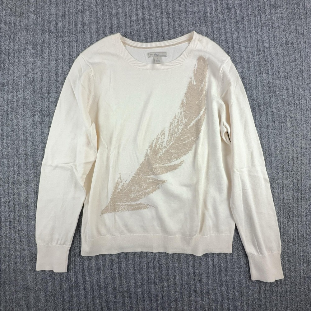Bass Sweater Womens XL White‎ Feather Graphic Crewneck Knit Pullover Lightweight